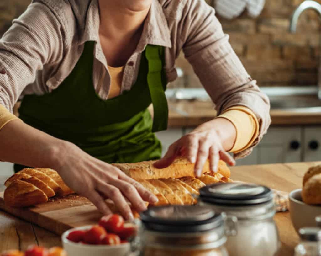 In-home chef preparing crusty bread, wearing a green apron. 