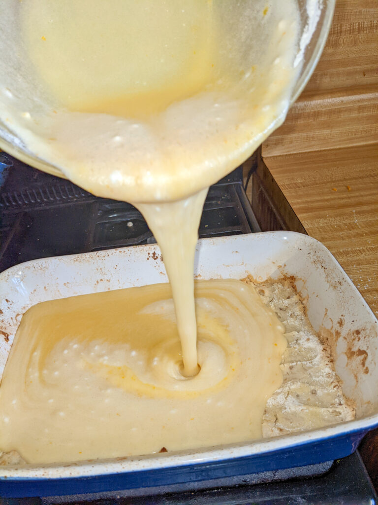 pouring batter into pan